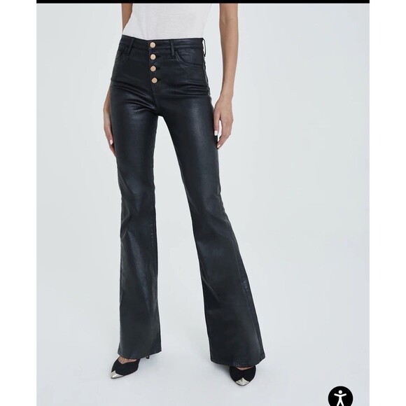 New AG Quinne Button Up Leatherette High Rise Flare Women Pants Black Size 26X34